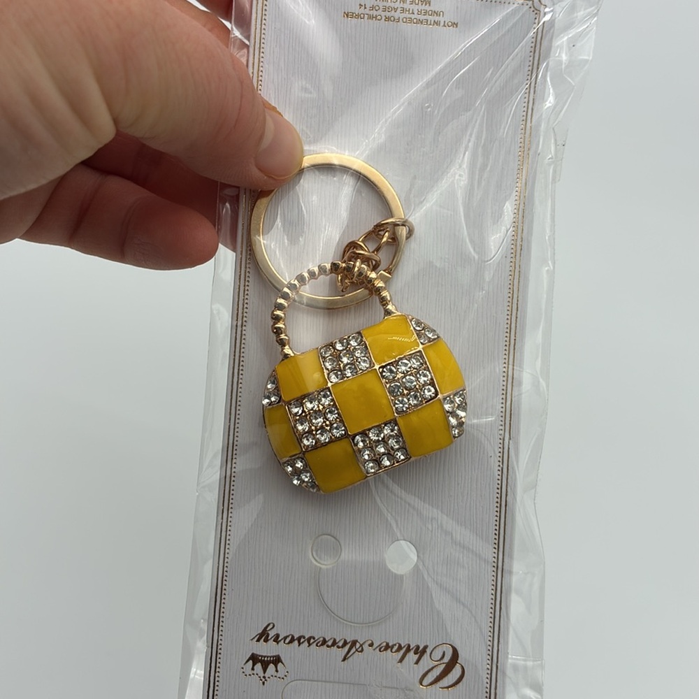 NWT Yellow Checkered bag Keychain with Gold Accents